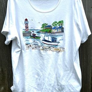 Quacker Factory 2X lighthouse embroidered summer scene T-SHIRT